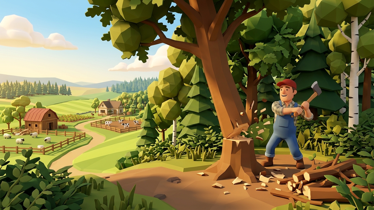 Talar un árbol con virutas volando al borde del bosque