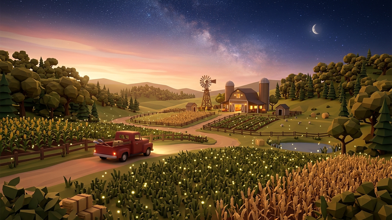 El valle de noche, con estrellas y la camioneta esperando en el camino