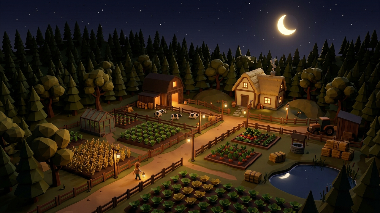 Finca de noche con faroles y bosque denso