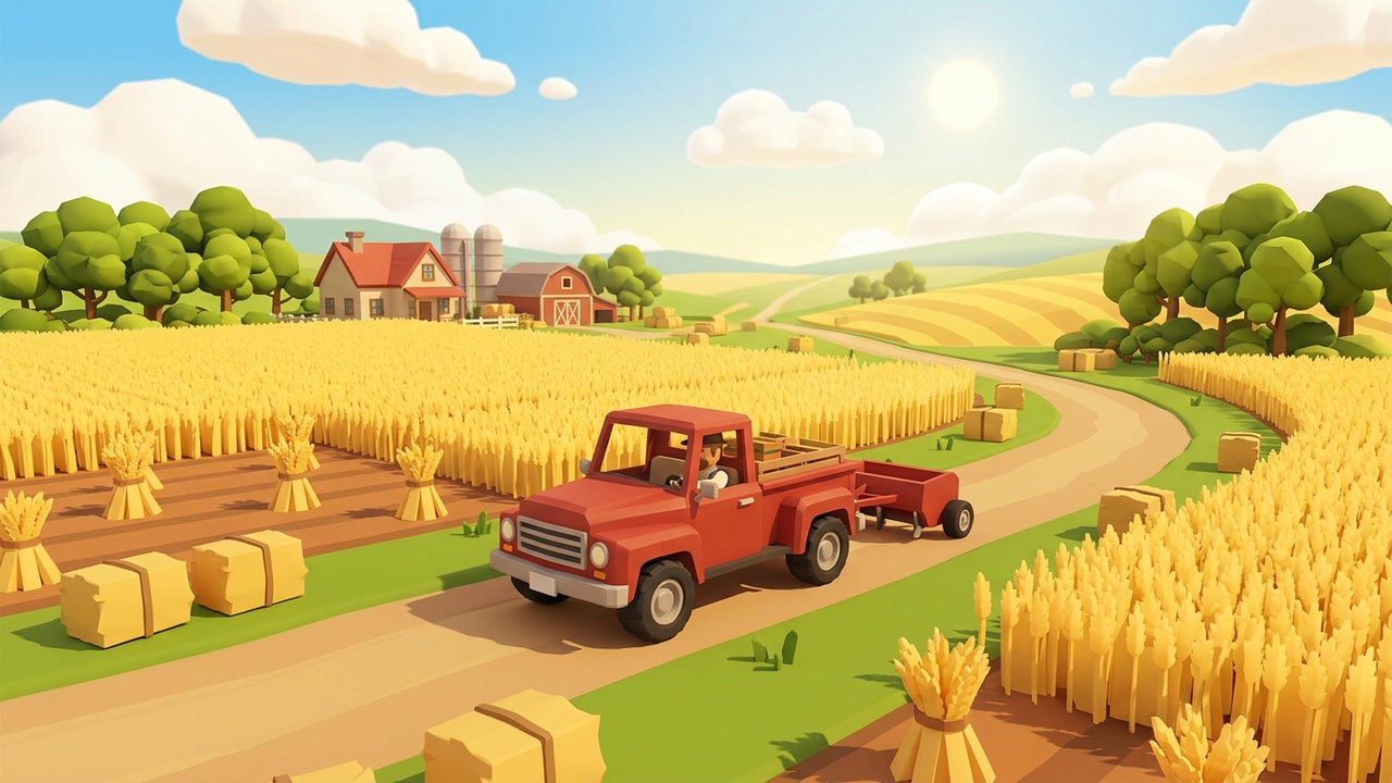 La camioneta roja arrastrando un implemento entre los cultivos