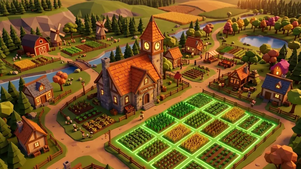 Parcela de granja con cultivos en Farm World al amanecer